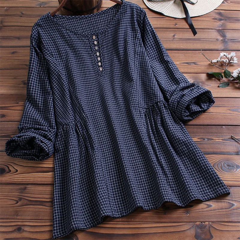 Autumn Plaid Shirt Women Tops Round Neck Buttons Collar Long Sleeve Plaid Print Female Top Plus Size Vintage Womens Shirts
Autumn Plaid Shirt Women Tops Round Neck Buttons Collar Long Sleeve Plaid Print Female Top Plus Size Vintage Womens Shirts