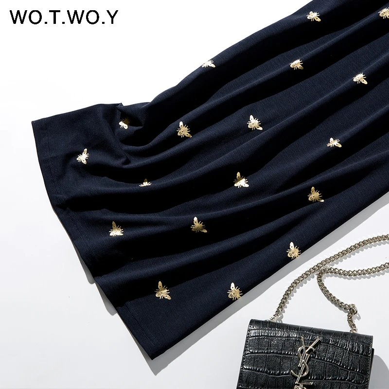 Bee Print Long Knee-Length Shirt Dresses Women 2019 Casual Turn-down Polo Straight Dress Female Pockets Cotton Clothes