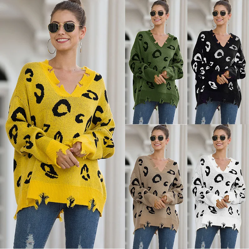 Knitwear Sweater Women's Pullover 2020 Autumn and Winter Leopard Print Pullover Knitwear New V Neck Ripped Sweater Women
Knitwear Sweater Women's Pullover 2020 Autumn and Winter Leopard Print Pullover Knitwear New V Neck Ripped Sweater Women