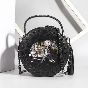 High quality brand elephant embroidery women's handbag small round handbag new versatile retro rivet messenger bag women
High quality brand elephant embroidery women's handbag small round handbag new versatile retro rivet messenger bag women