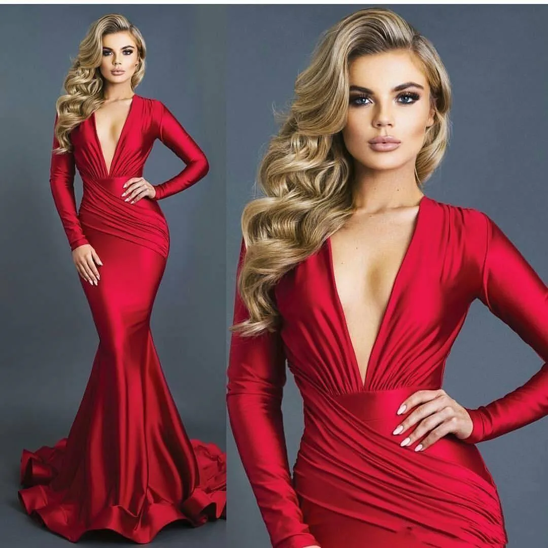 Sexy Long Red Mermaid Evening Dresses Deep V-neck Long Sleeves Spandex Formal Dress Evening Gowns Prom Dress Vestidos платье
Sexy Long Red Mermaid Evening Dresses Deep V-neck Long Sleeves Spandex Formal Dress Evening Gowns Prom Dress Vestidos платье
