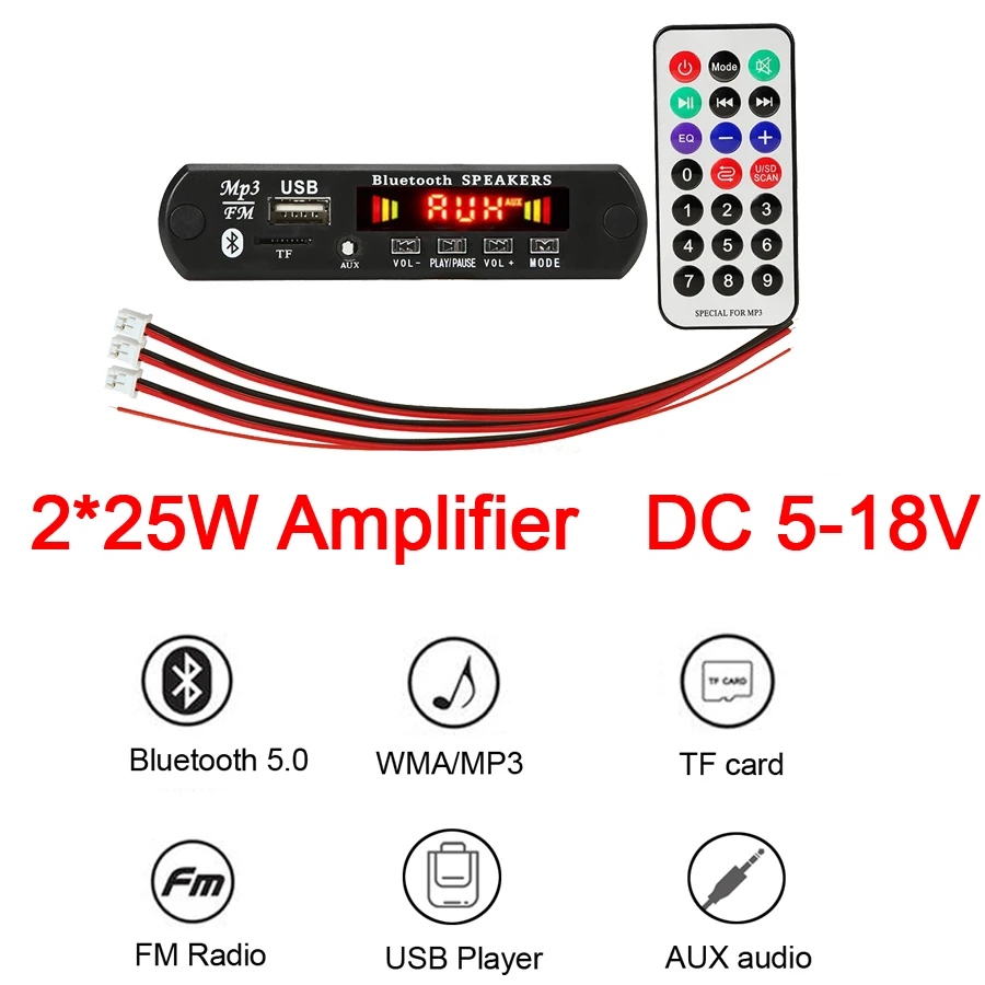 New 2*25W Amplifier Bluetooth 5.0 MP3 WMA Decoder Board Audio Module USB FM TF Radio Car USB MP3 Player With Recording For Car
New 2*25W Amplifier Bluetooth 5.0 MP3 WMA Decoder Board Audio Module USB FM TF Radio Car USB MP3 Player With Recording For Car