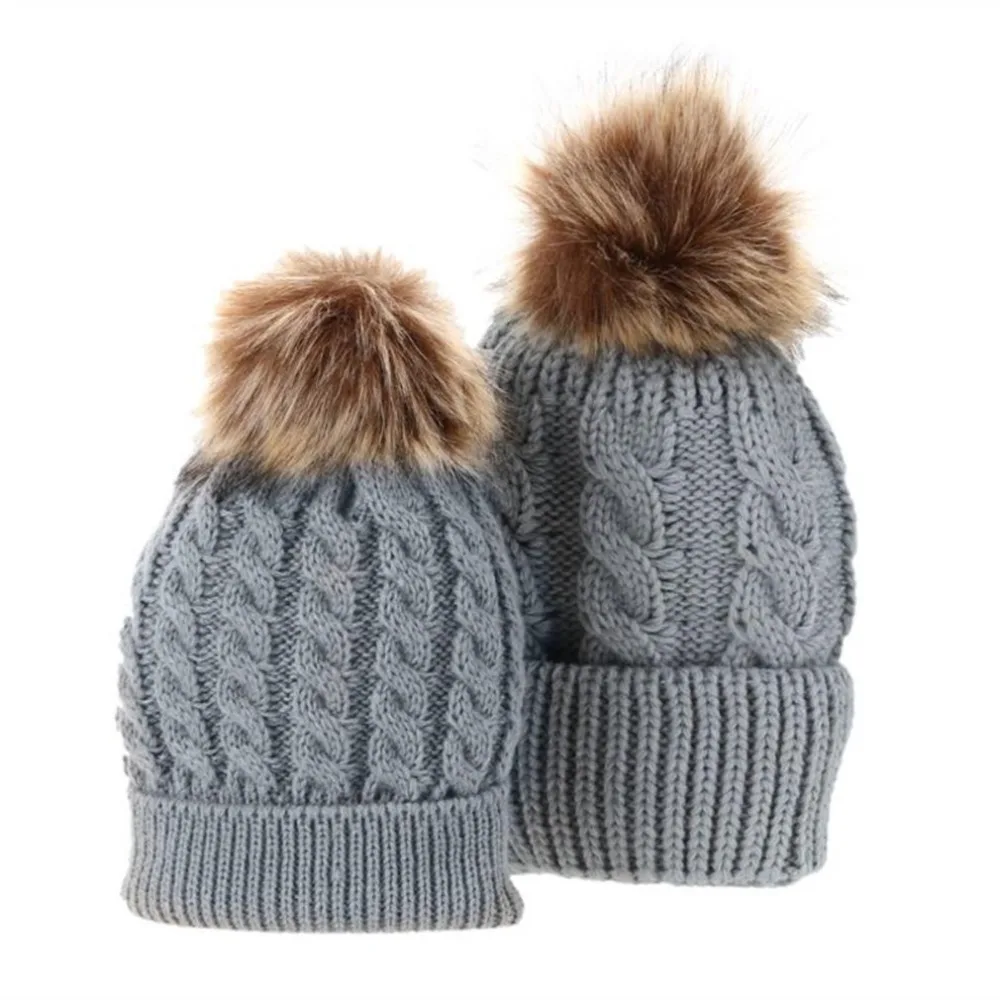 

2018 New Mom and Baby Matching Knitted Hats Warm Beanie Hats Winter Mink Pom Pom Kids Children Mommy Headwear Hat Caps A40