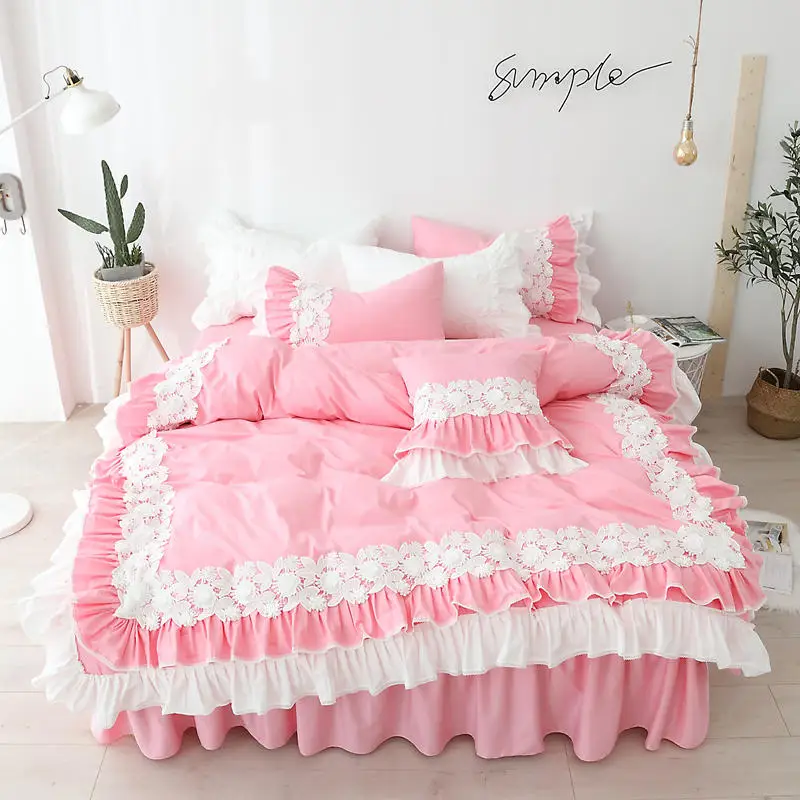 Lace Flowers Bedding Set Korean Style Pink Princess Solid Color Bedroom Duvet Cover Bedspread Bed Skirt Pillowcases 100%Cotton
Lace Flowers Bedding Set Korean Style Pink Princess Solid Color Bedroom Duvet Cover Bedspread Bed Skirt Pillowcases 100%Cotton