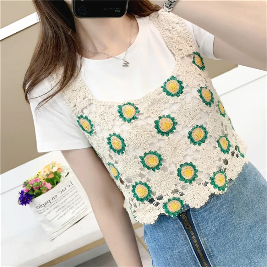 

New Boho Knitted Camis Women Summer Sexy Hollow Out Crochet Beach Tank Tops Vintage Floral Embroidery Crop Top 2022