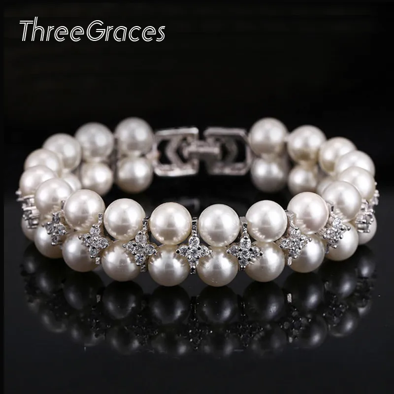 

ThreeGraces Newest Bridal Jewelry Accessories Handmade Simulated Double Pearl Big Wedding Bracelets Bangles with Zirconia BR066