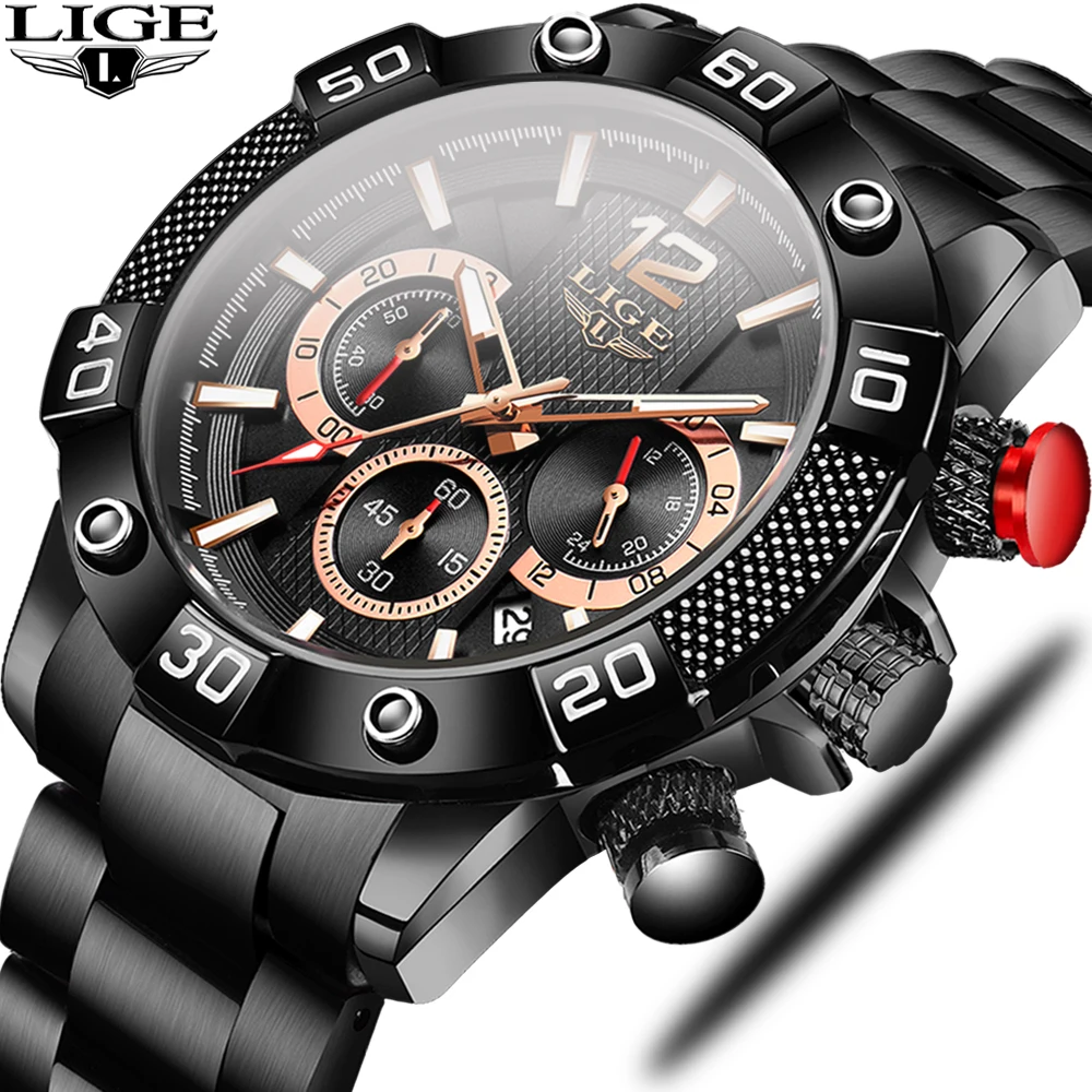 Фото LIGE 2020 военные часы для мужчин браслет из нержавеющей стали водонепроницаемые