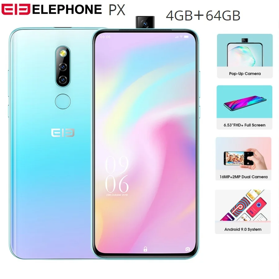 Elephone PX 6.53" FHD+ Global Version Smartphone Android 9.0 MT6763 Pop-Up Camera Design 16MP Camera Fingerprint Mobile Phone
Elephone PX 6.53" FHD+ Global Version Smartphone Android 9.0 MT6763 Pop-Up Camera Design 16MP Camera Fingerprint Mobile Phone