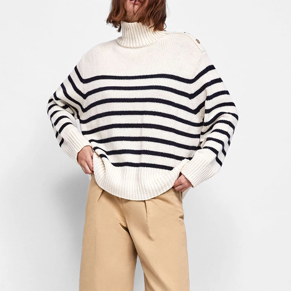 ZA Women's Turtleneck Sweater Five Colors Optional Thick Warm Side Button Decoration Loose Version Regular | Женская одежда