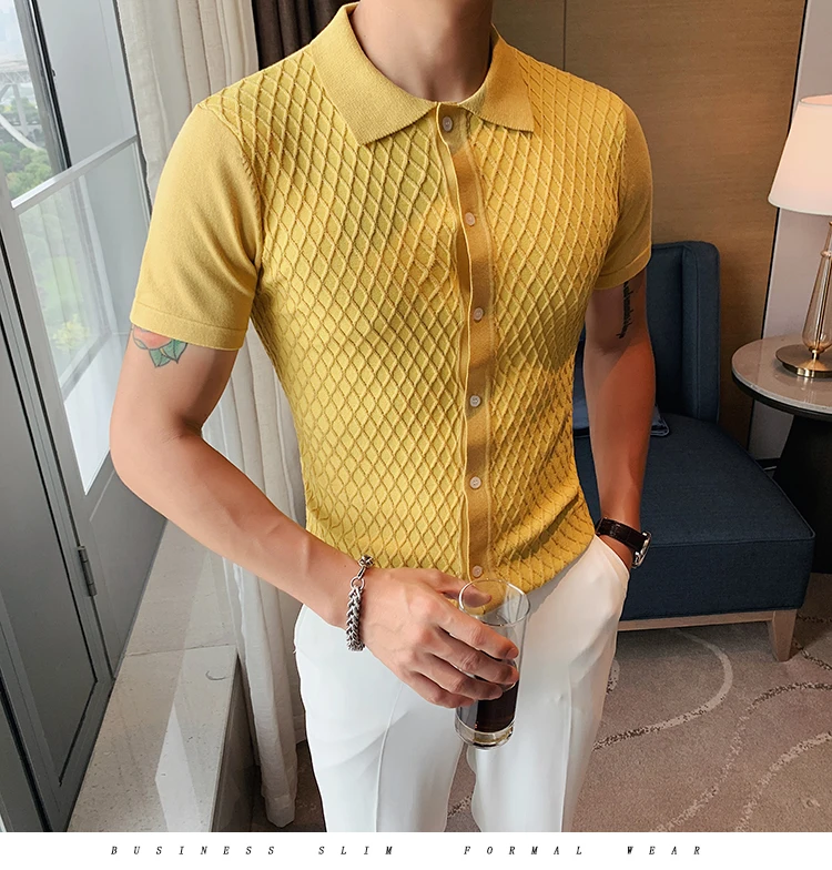 Polo de punto de rejilla de moda de estilo británico para hombre, ropa informal de manga corta con cuello vuelto Simple, ajustada, 2022 25 H6f0a28e6b30b49f6ac77639ff6fc2b1d0
