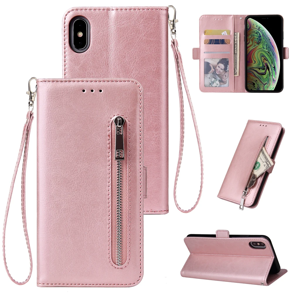 Zipper For iPhone 11 12 Pro 6 6S 7 8 Plus X XR XS Max SE Case Wallet Leather Flip Stand Fashion Case Cover Mobile Phone Bag