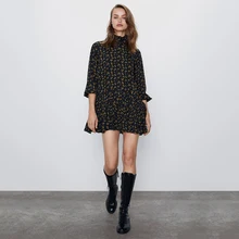 ZA para mujer 2019 moda estampado de cuello alto manga de siete puntos elegante versátil mujer Casual moda fiesta corto Mini vestido gran oferta(China)