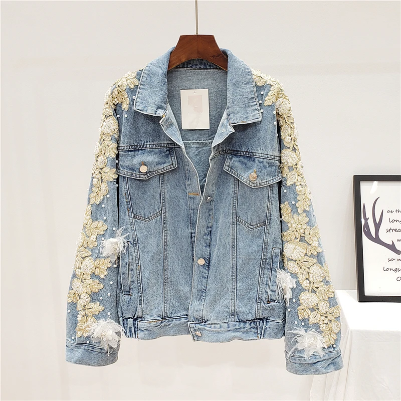 2020 Spring Pearl Beaded 3D Flower Embroidery Washed Blue Denim jacket Loose Plus size Women Bat sleeves Jeans jacket Streetwear
2020 Spring Pearl Beaded 3D Flower Embroidery Washed Blue Denim jacket Loose Plus size Women Bat sleeves Jeans jacket Streetwear