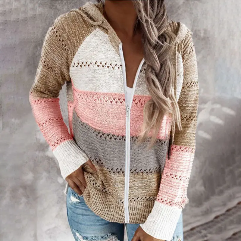 Female Patchwork Autumn Vintage Hoody Hole Coat Soft Casual Knitted Zipper Hoody Hoodie For Women S-V Female Patchwork Autumn Vintage Hoody Hole Coat Soft Casual Knitted Zipper Hoody Hoodie For Women S-V