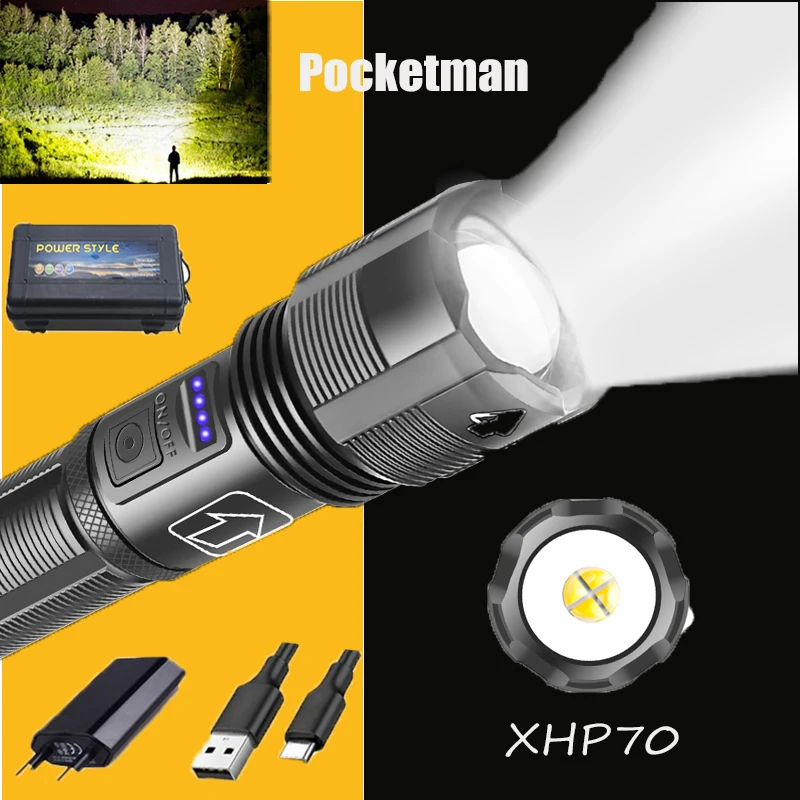 Ultra Bright Led flashlight Torch Xhp50/70 light 5 switch Modes waterproof Zoomable Camping Camping Light use 18650 battery
Ultra Bright Led flashlight Torch Xhp50/70 light 5 switch Modes waterproof Zoomable Camping Camping Light use 18650 battery