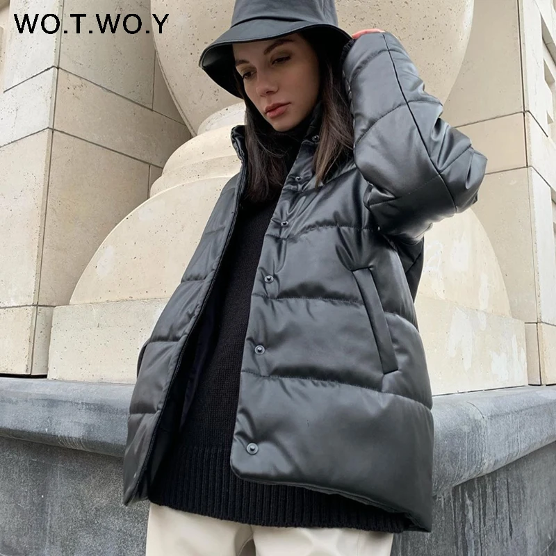 

WOTWOY Cotton Liner Winter Leather Jacket Women Casual Thickening Padded Parkas Womens Loose Warm Black Coats Female Windbreaker