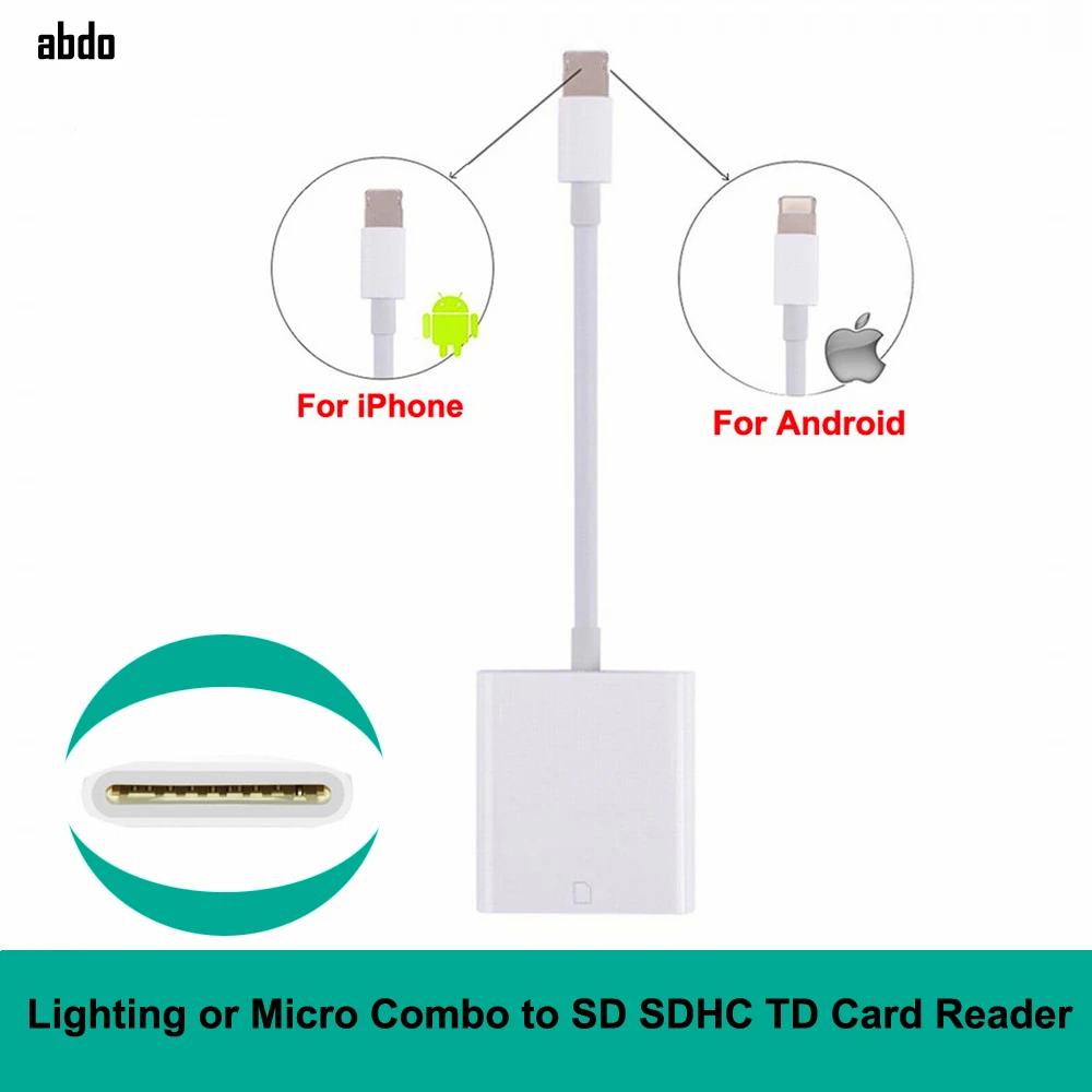 

2 in 1 Lighting/Micro USB to SD SDHC TD Card Reader Digital Camera kit Compatible OTG Date Cable Adapter For iPhone XR iPad Oppe