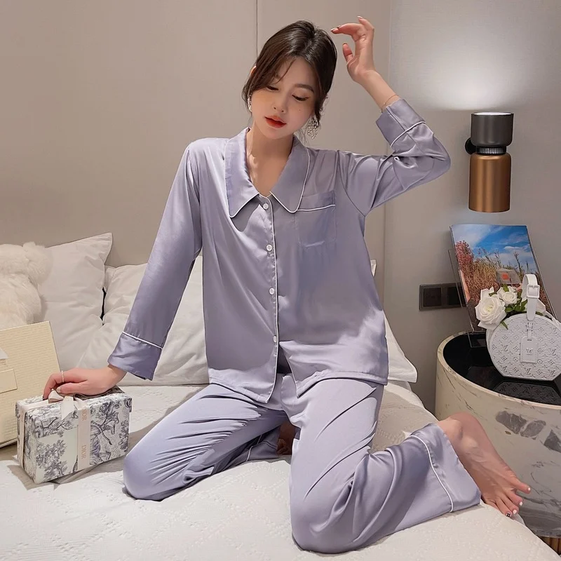 

QWEEK Silk Pajamas for Women French Elegant Brief Set 2 Piece Pijamas Long Sleeve Sleepwear Bedroom Satin Pyjamas Loungewear Pjs