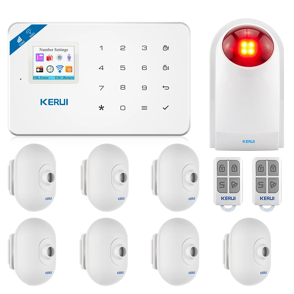 

KERUI Motion Detector Door Detector Alarm Siren Alarm System TFT Color Screen W18 WIFI GSM Home Burglar Alarm System APP Control