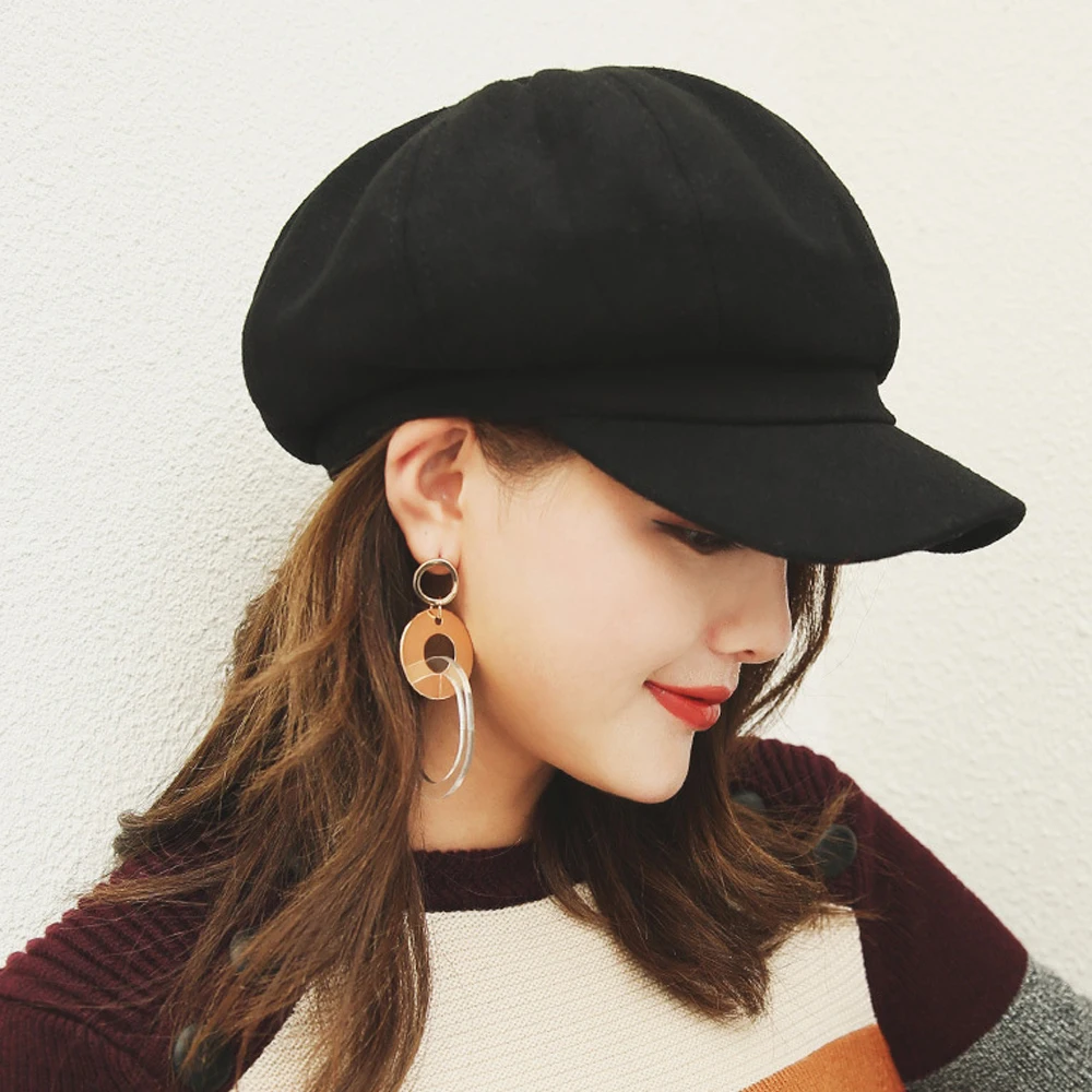 Фото 2019 New Women Hat Wool Beret Vintage Solid Color Stylish Artist Painter Newsboy Caps Autumn Winter Octagonal Cap | Аксессуары для