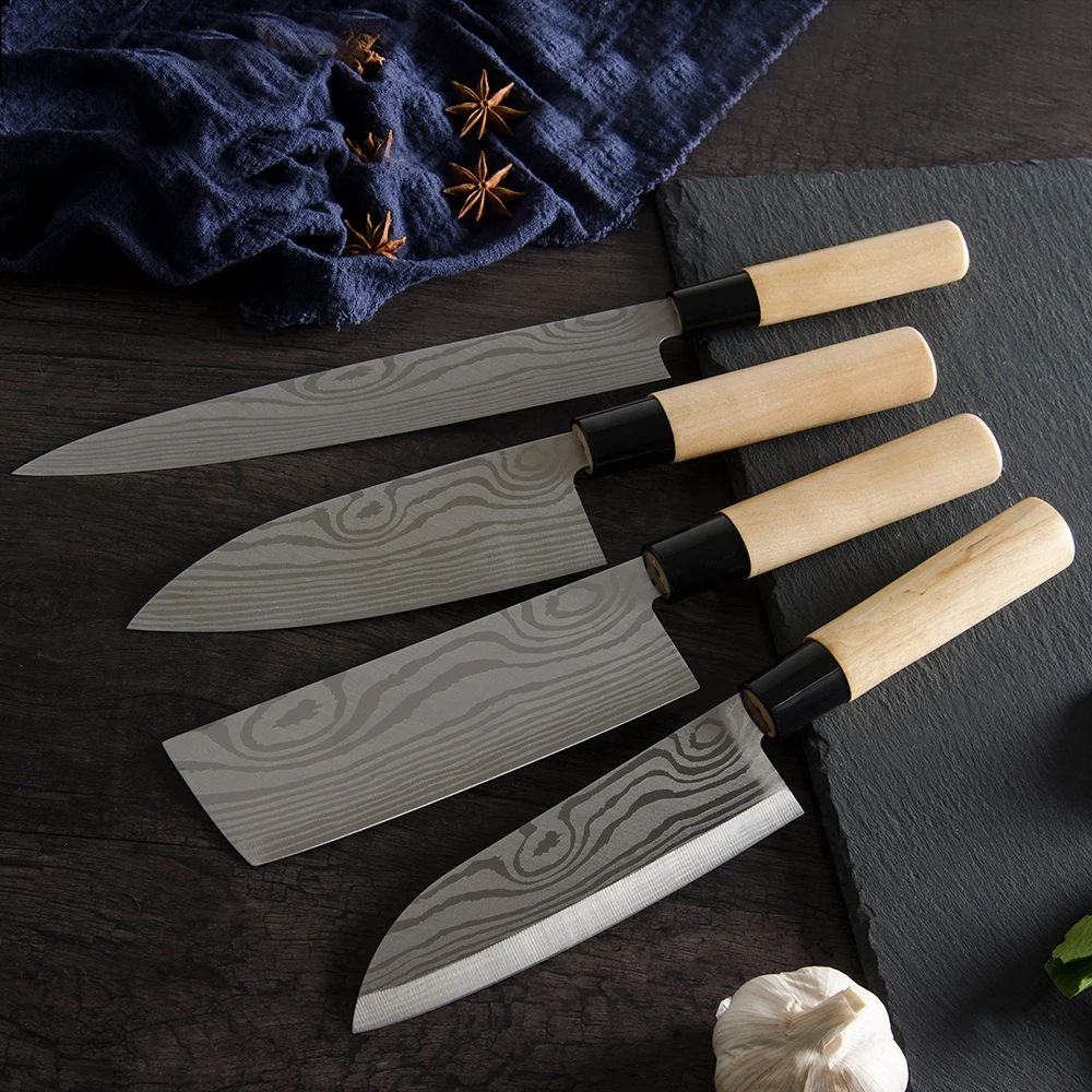 XYj 7 дюймовый кухонный нож Santoku разделочные ножи 9 сашими с деревянной ручкой для