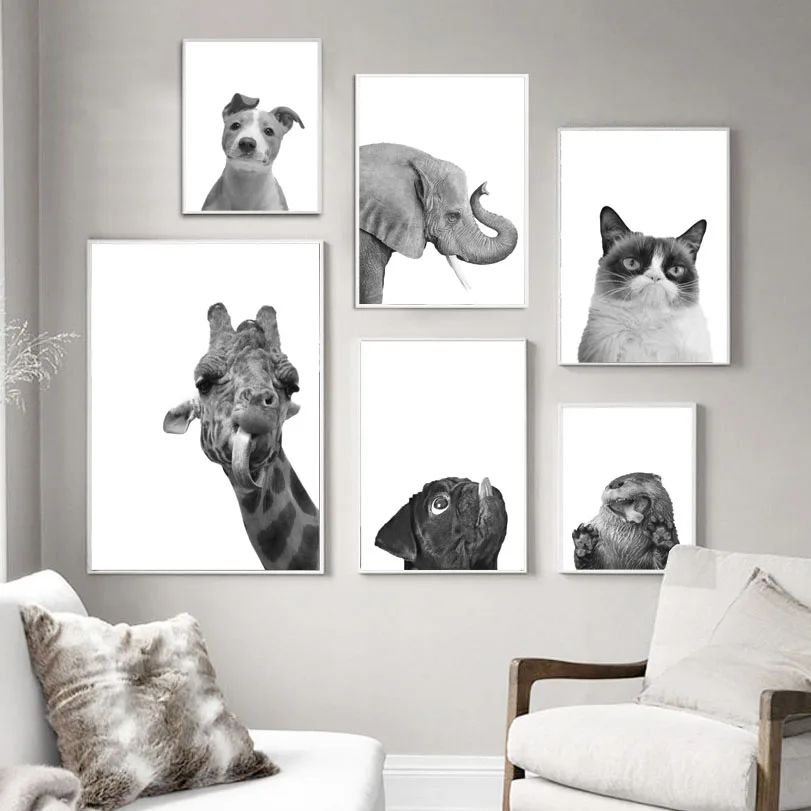 Фото Black White Elephant Dog Cat Giraffe Animals Wall Art Canvas Painting Nordic Posters And Prints Pictures Kids Room Decor | Дом и сад