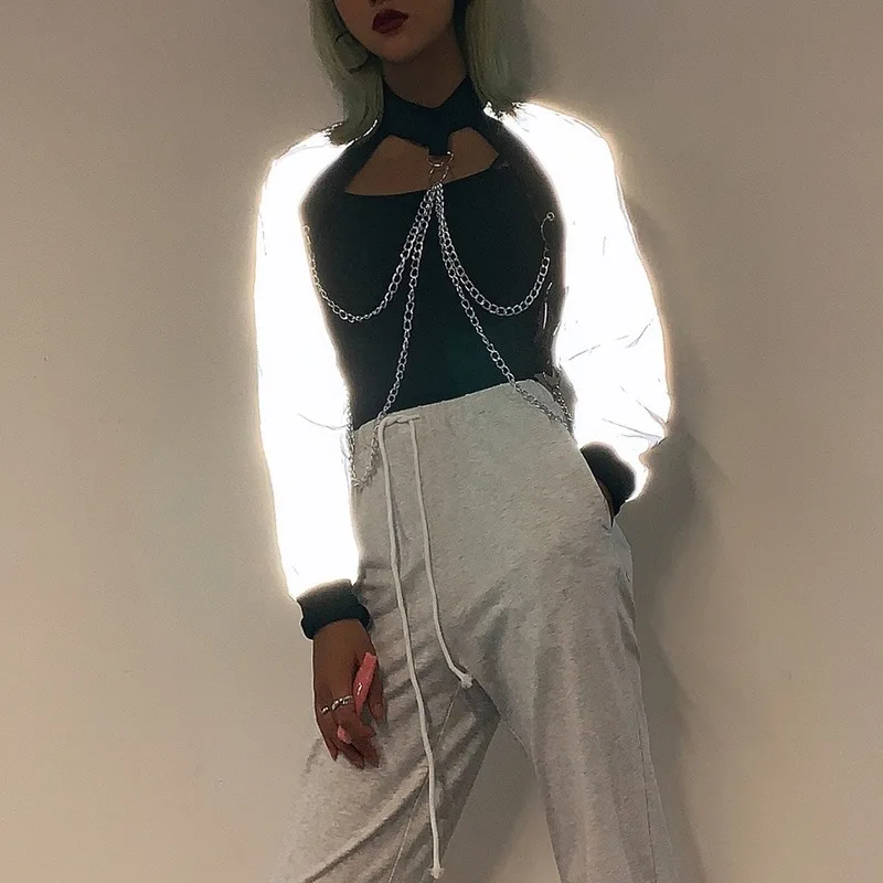 Hip Hop Reflective Women Jacket Ladies Chain Hanging Tops 2019 Autumn Long Sleeve Streetwear Coats and Jackets Manteau Femme
Hip Hop Reflective Women Jacket Ladies Chain Hanging Tops 2019 Autumn Long Sleeve Streetwear Coats and Jackets Manteau Femme