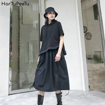 Korean Summer Midi Black Dress Short Sleeve Women Plus Size 2020 Fake 2 Piece Elastic High Waist Gothic Lace-up Hooded Dresses
Korean Summer Midi Black Dress Short Sleeve Women Plus Size 2020 Fake 2 Piece Elastic High Waist Gothic Lace-up Hooded Dresses
