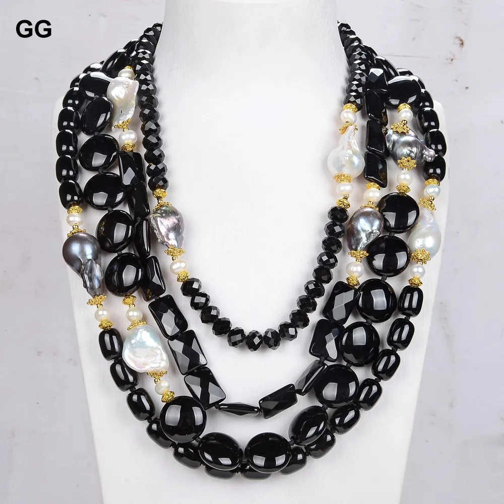 

GG Jewelry 4 Rows Natural White Keshi Black Baroque Pearl Black Onyx Necklace Classic For Women Lady