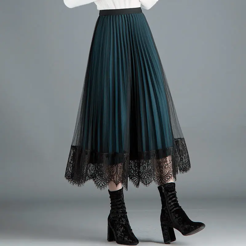 

Women Vintage Long Lace Tulle Skirts 2019 New Autumn Hollow Out Black Spring Pleated Skirt Plus Size Elastic Waist Midi skirts