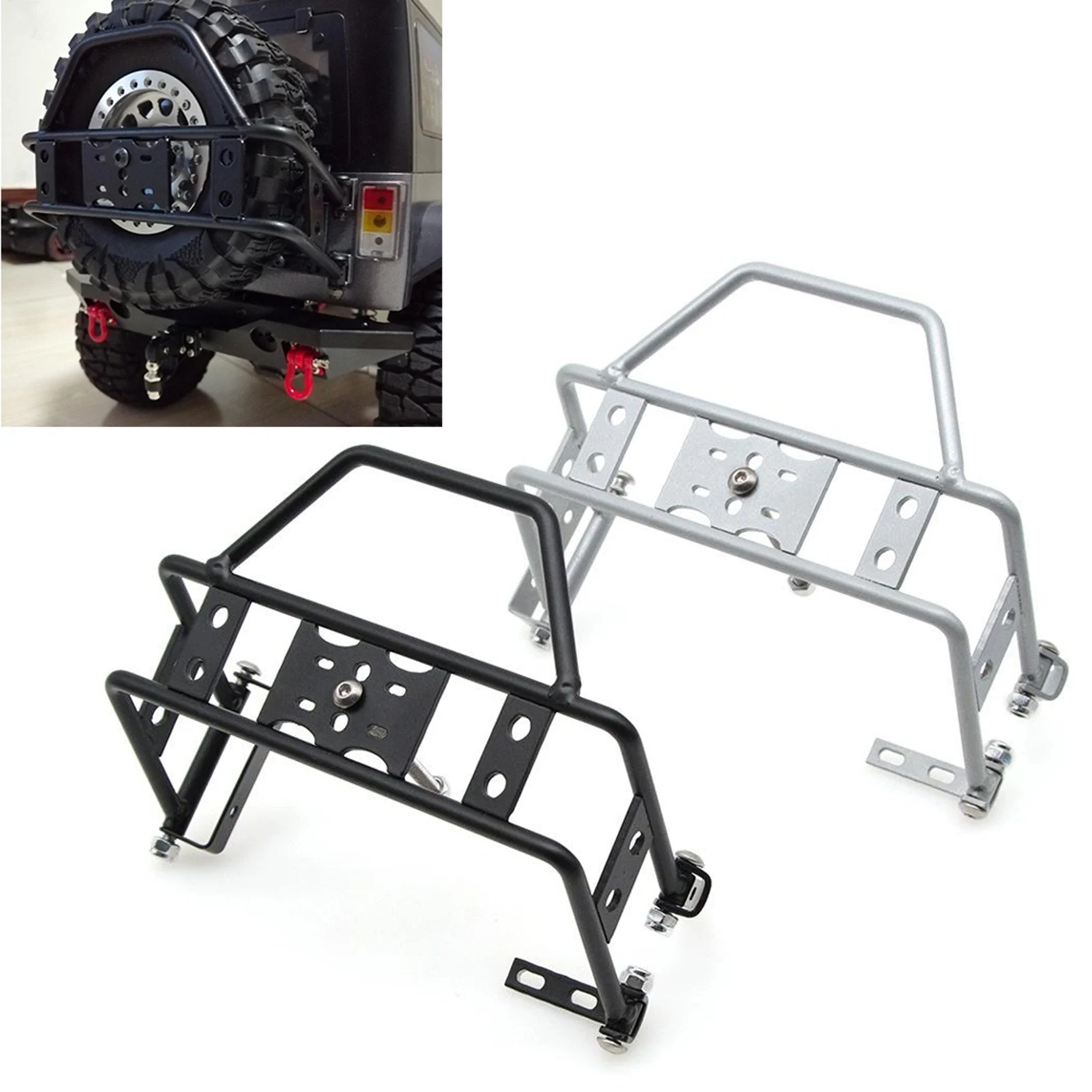 Alloy Metal Rear Bumper Bull Bar With Spare Tire Carrier Shackles For RC Rock Crawler 1/10 TRX4 SCX10 90046 90047 Wrangler Jeep Alloy Metal Rear Bumper Bull Bar With Spare Tire Carrier Shackles For RC Rock Crawler 1/10 TRX4 SCX10 90046 90047 Wrangler Jeep