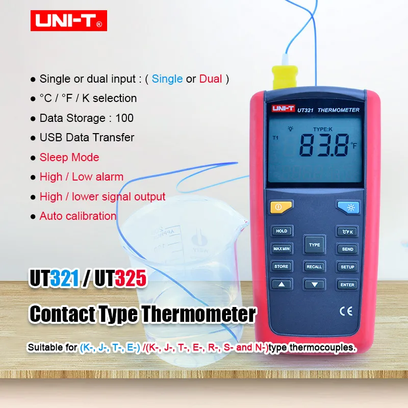 

UNI-T Contact Type Thermometer UT321/UT325 Pyrometer with thermocouple temperature probe Data storage/hold K/J/T/E/R/S/N Type