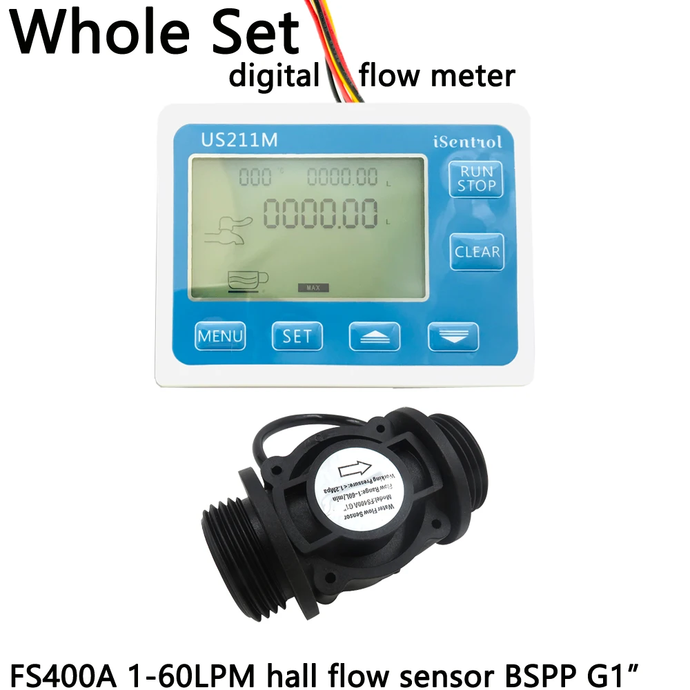 

US211M Digital Flow Sensor Meter & FS400A PA66 Nylon and Fibre Glass Hall Flow Sensor Measurement 1-60L/minBSPP G1" Dijiang