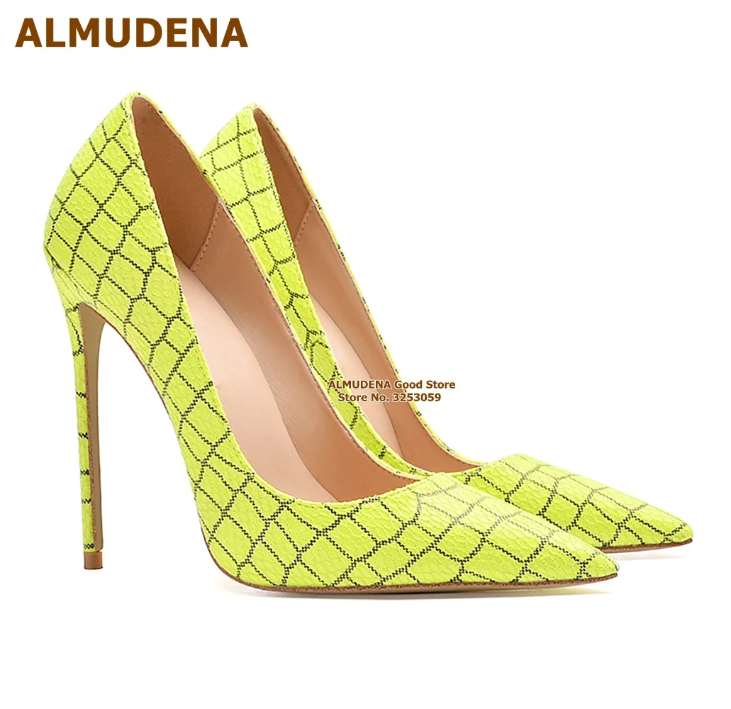 

ALMUDENA Women Neon Yellow Crocodile High Heel Shoes 12cm 10cm 8cm Stilettos Pointy Toe Shallow Pumps Pink Black Nightclub Heels