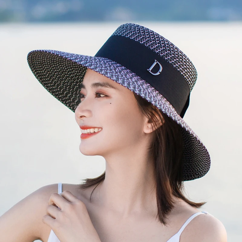 

Handmade Weave D Letter Sun Hats for Women Black Ribbon Lace Up Large Brim Straw Hat Outdoor Beach Hat Summer Caps