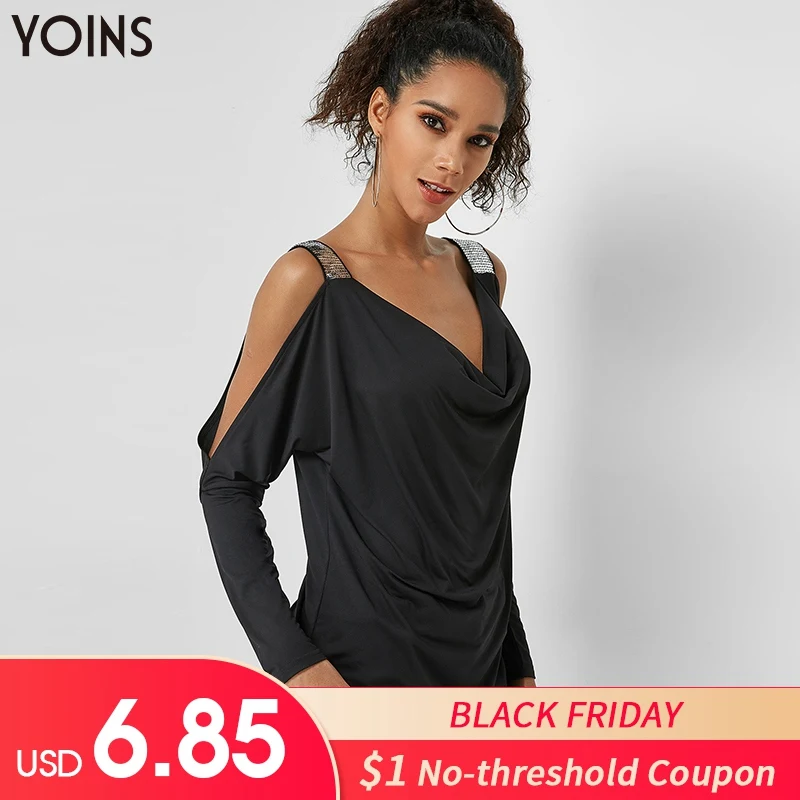 

YOINS 2019 Spring Autumn Winter Blouses And Shirts Black Draped Front Sequins Cold Shoulder Cutout Blouse Sexy Top Femme Regular