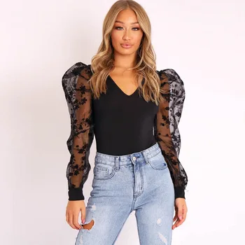 New Sexy Bodysuit See Through Mesh Puff Sleeve Embroidery Lace Bodysuit Feminino V Neck Slim Fitness Bodycon Active Wear Rompers 
New Sexy Bodysuit See Through Mesh Puff Sleeve Embroidery Lace Bodysuit Feminino V Neck Slim Fitness Bodycon Active Wear Rompers