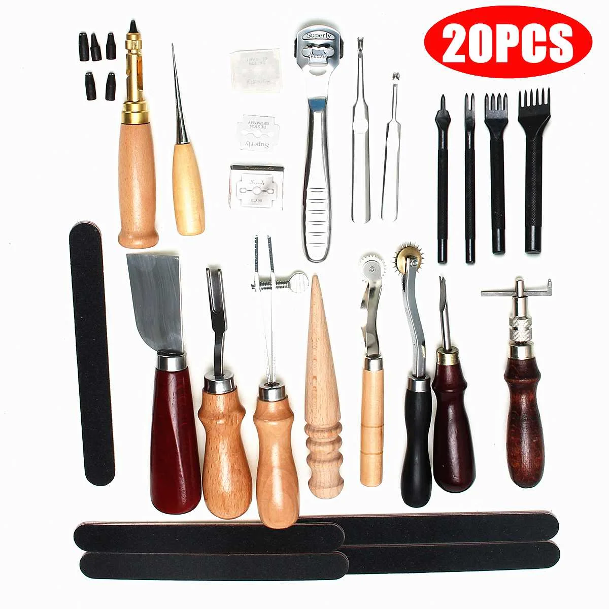 Leathercraft Tool Kit 20pcs Hand Sewing Punching Stitching Tool Kit Carving Work Saddle Leathercraft Accessories Professional
Leathercraft Tool Kit 20pcs Hand Sewing Punching Stitching Tool Kit Carving Work Saddle Leathercraft Accessories Professional