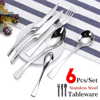 6 Pcs/sets Stainless Steel Upscale Mirror Polished Cutlery Set Tableware Dinnerware Fork Knife Spoon for Home Parties Camping 
6 Pcs/sets Stainless Steel Upscale Mirror Polished Cutlery Set Tableware Dinnerware Fork Knife Spoon for Home Parties Camping