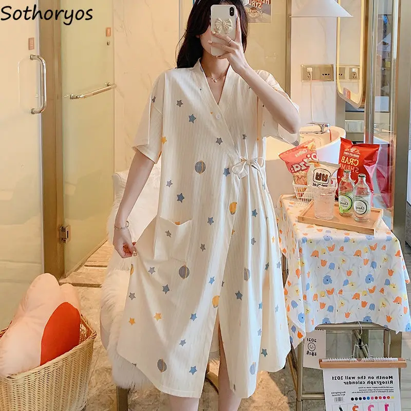 Халат женский в японском стиле свободная уютная ночная рубашка до середины икры