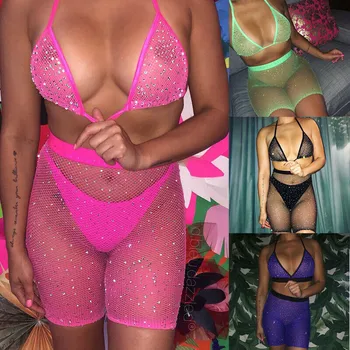 2020 New Sexy Women Rhinestone Bikini Set Mesh Sheer Halter Bra Fishnet High Waist Shorts Beachwear Babydoll Sleepwear Underwear 
2020 New Sexy Women Rhinestone Bikini Set Mesh Sheer Halter Bra Fishnet High Waist Shorts Beachwear Babydoll Sleepwear Underwear