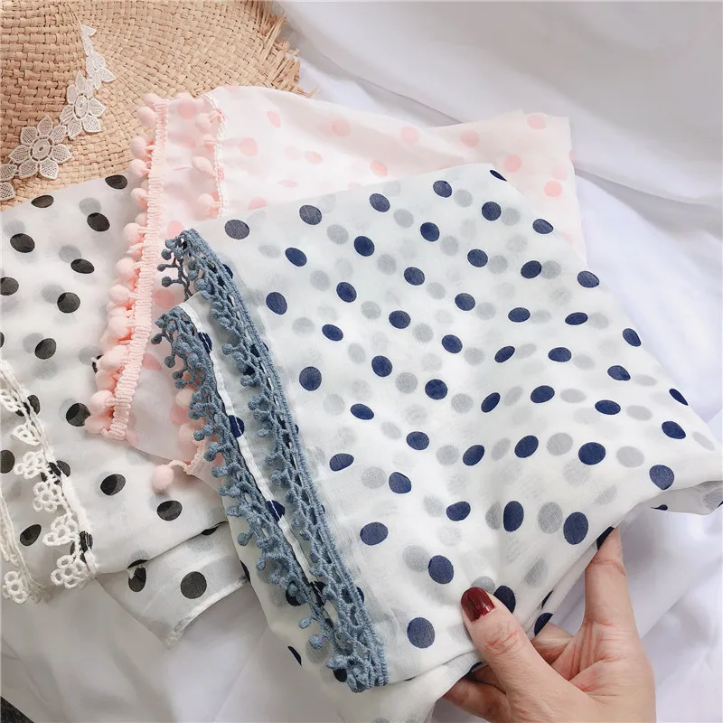 

2019 Beautiful Polka Print Pompon Trim Scarves Shawls Cotton Dot Spot Lace Foulard Long Wrap Scarf Hijab 3 Color Free Shipping