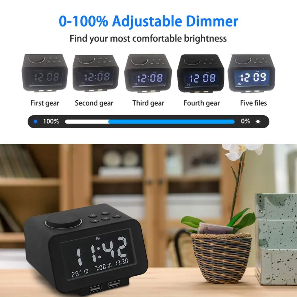Digital Alarm Clock Radio Weekday/Weekend Mode 6 Sound Adjustable Volume FM Radio with Snooze 2 USB Charging Ports Thermometer
Digital Alarm Clock Radio Weekday/Weekend Mode 6 Sound Adjustable Volume FM Radio with Snooze 2 USB Charging Ports Thermometer