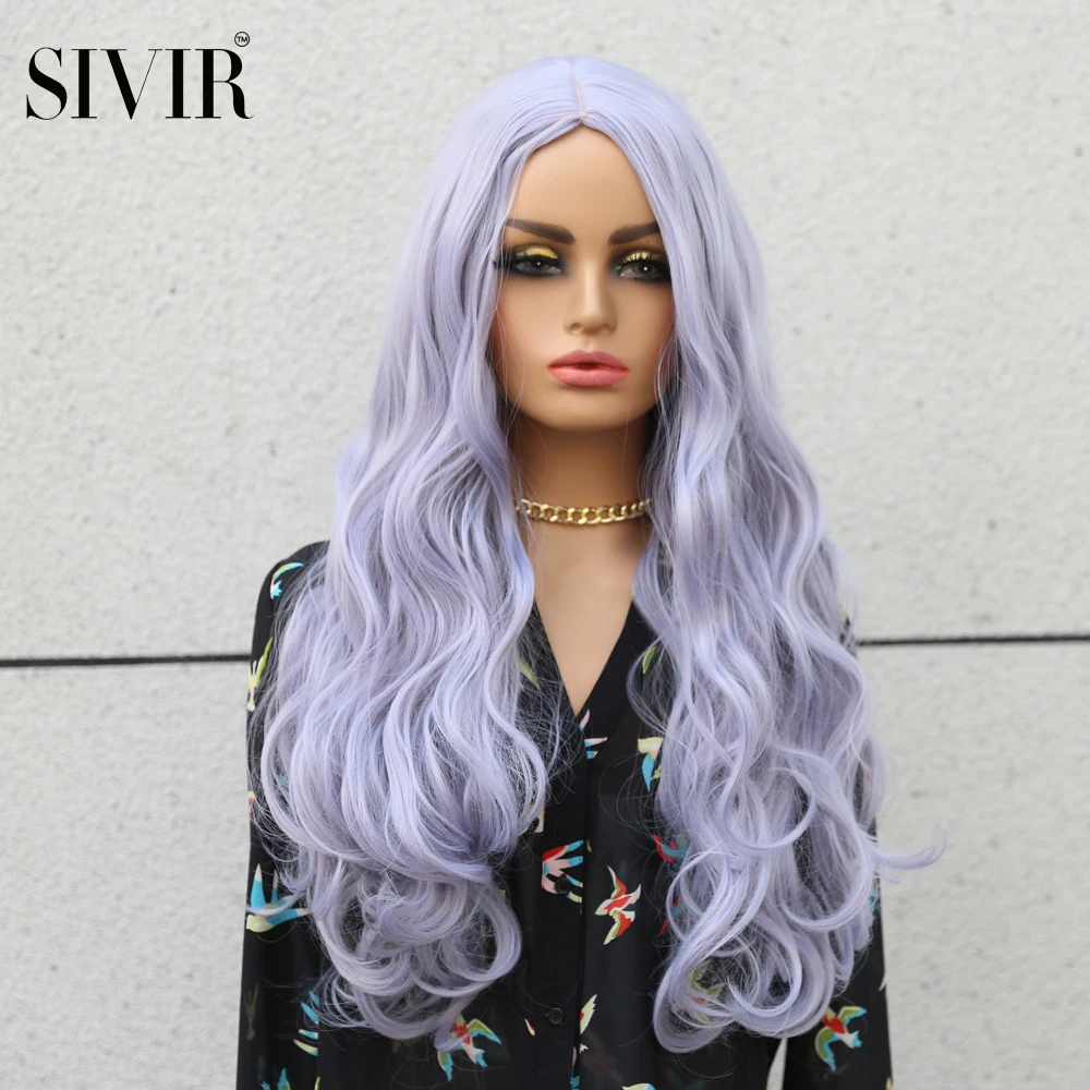 

Sivir 26inch Long Wavy Wigs Synthetic Wig Brown Orange Pink Purple with Middle Parting wigs For women Heat Resistant Fiber