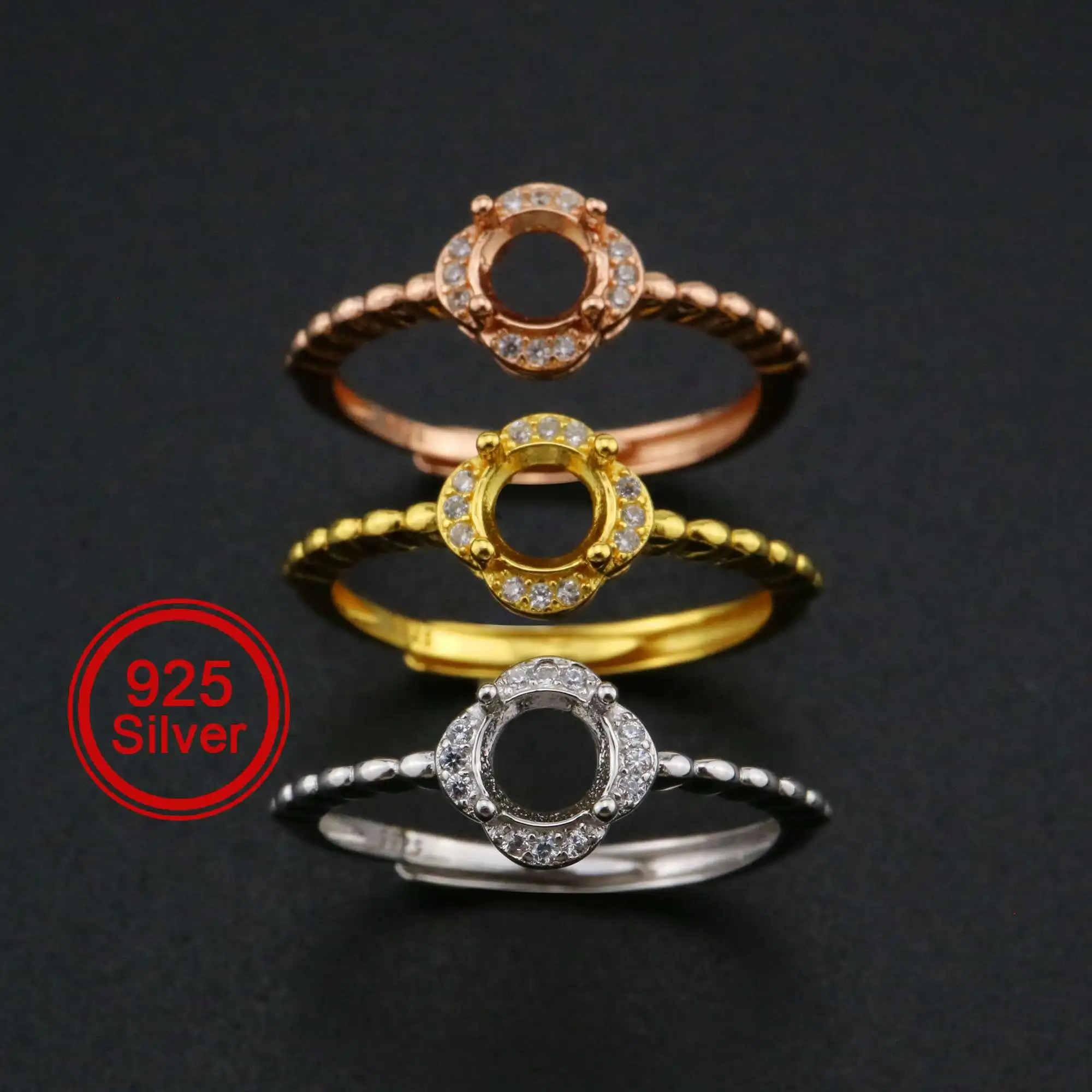 5MM Round Prong Ring Settings Flower Solid 925 Sterling Silver Rose Gold Plated DIY Adjustable Bezel for Gemstone 1210087 | Украшения и