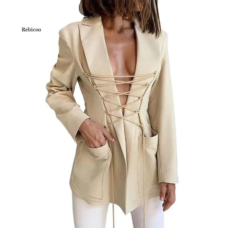 

Stylish Bandage Tops Coat for Women Solid Color Casual Jackets Elegant Office Lady Streetwear Jacket Female Autumn Winter New