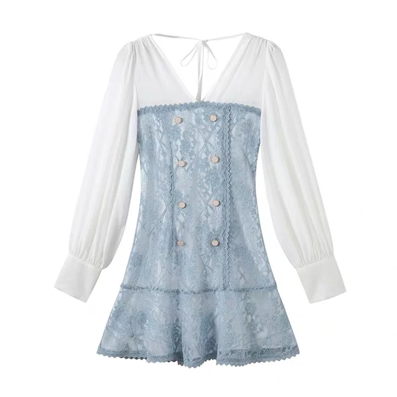 PERHAPS U light blue v neck hollow out lace patchwork empire button long lantern sleeve shirt mini dress elegant D1897
PERHAPS U light blue v neck hollow out lace patchwork empire button long lantern sleeve shirt mini dress elegant D1897