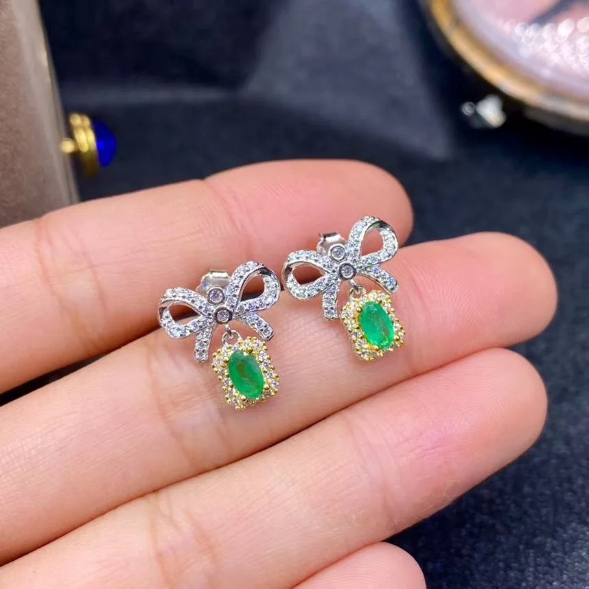 

New natural emerald earrings 925 silver two-color electroplating earrings fresh and lovely design bow earrings