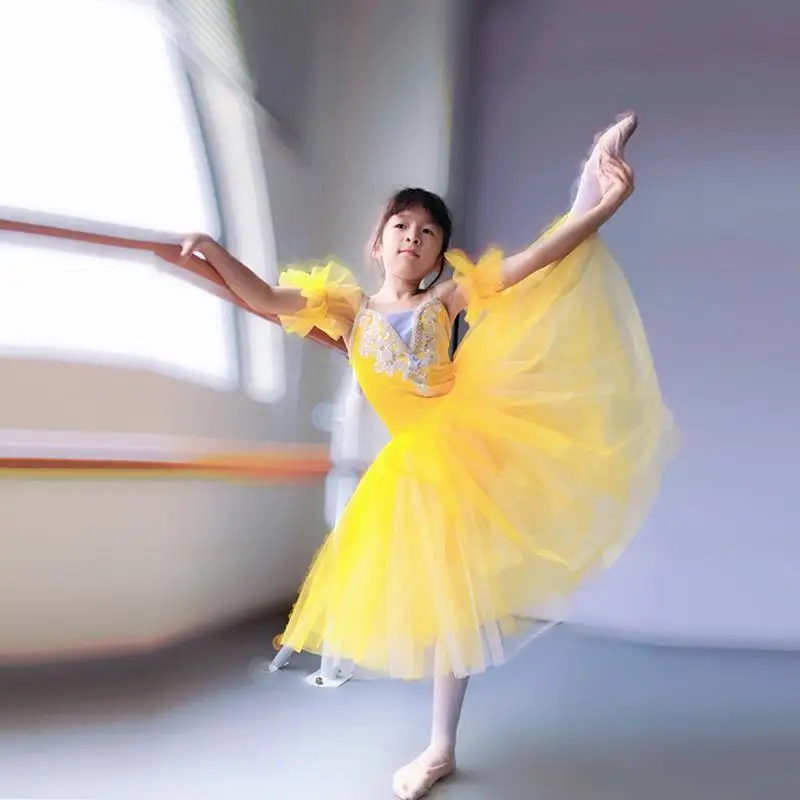 Сценическая одежда желтая балетная пачка Профессиональная Детская длинная
