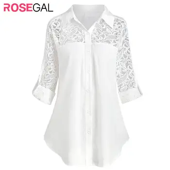 

ROSEGAL Plus Size Women Lace Blouses Shirts Crochet Roll Up Sleeve Shirt Basic Casual Blouse Official Ladies Long Tunic 5x 2019